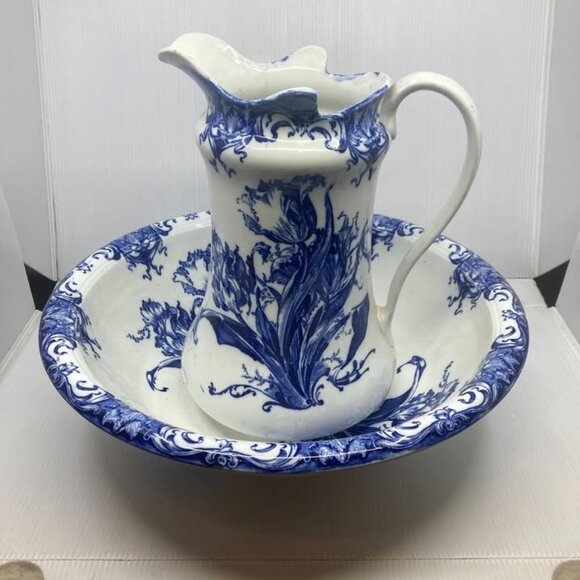 Antique 1900 ALBERTA colonial pottery stone England pitcher bowl flow blue set - Picture 1 of 3
